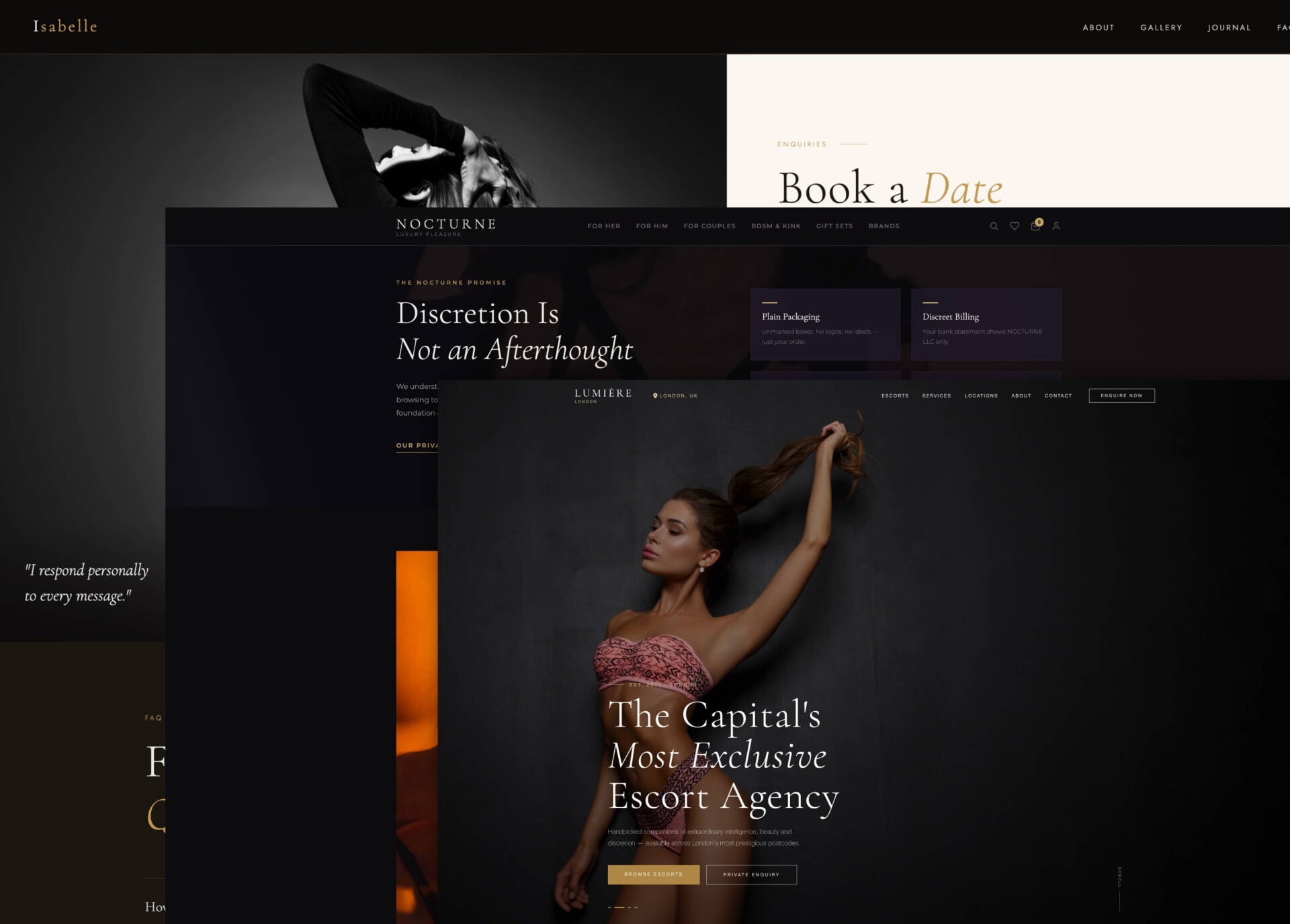 Luxury escort agency website designs on dark background