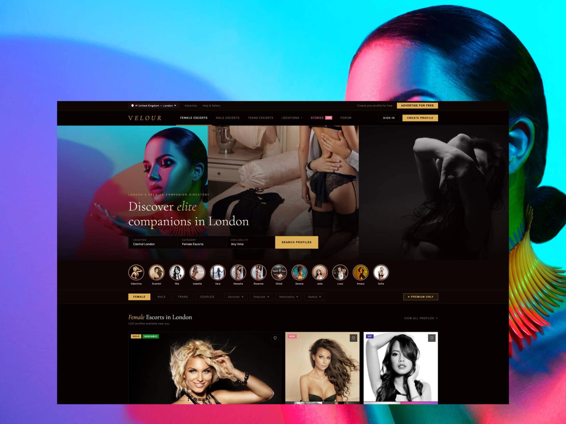 Escort directory website homepage for London companions