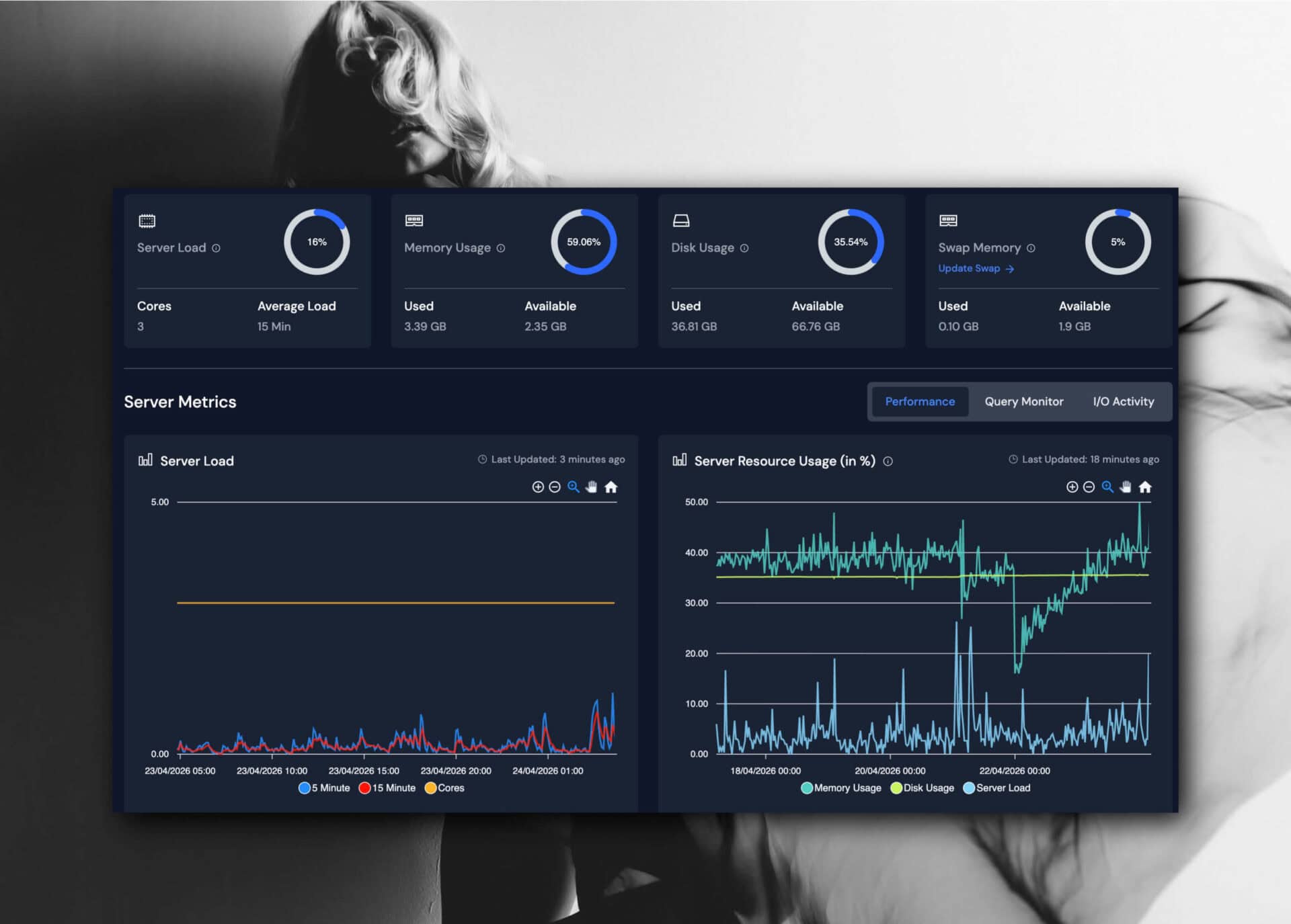 Server performance dashboard with usage graphs and metrics