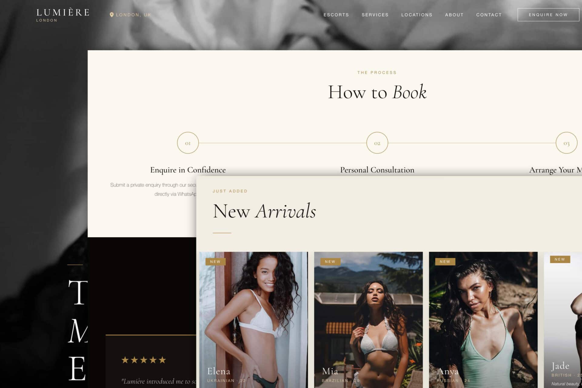 Luxury escort website with booking process and new arrivals